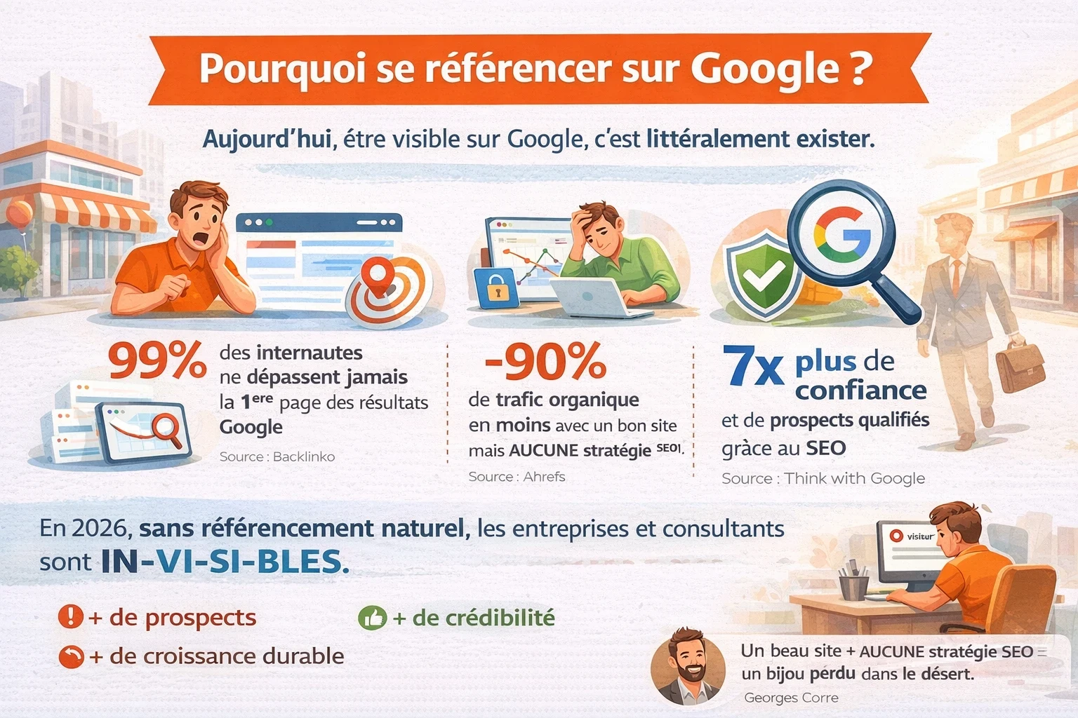 Infographie “Pourquoi se référencer sur Google ?” avec statistiques sur la visibilité (1ʳᵉ page Google), perte de trafic sans stratégie SEO, et bénéfices du référencement naturel (confiance, prospects, crédibilité)
