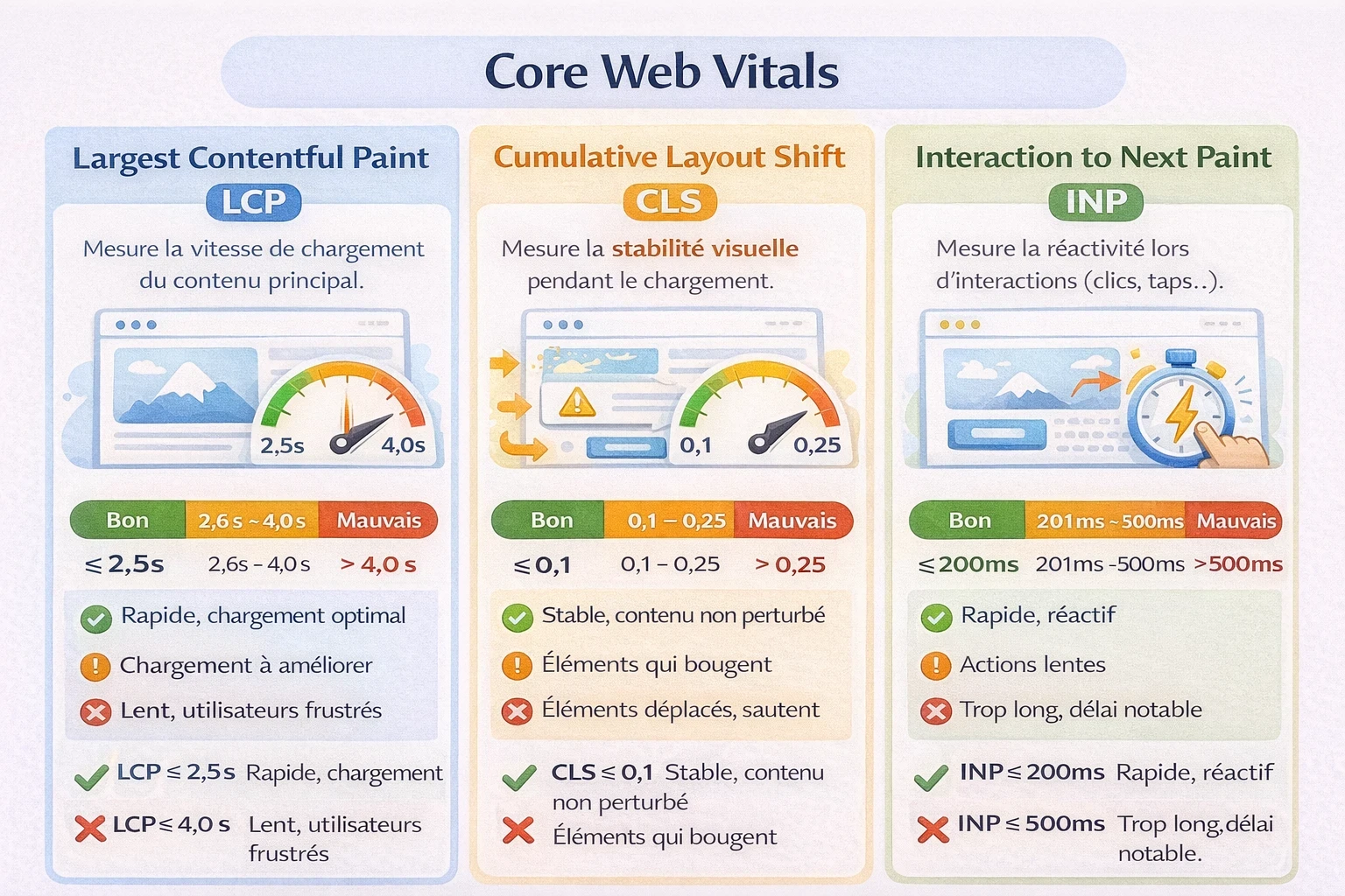 Infographie « Core Web Vitals : 3 indicateurs clés (LCP / CLS / INP) » montrant, sur trois blocs, la définition de chaque métrique (vitesse de chargement, stabilité visuelle, réactivité) avec des seuils colorés Bon / À améliorer / Mauvais : LCP < 2,5 s / 2,6–4,0 s / > 4,0 s, CLS < 0,1 / 0,1–0,25 / > 0,25, INP < 200 ms / 200–500 ms / > 500 ms, accompagnés d’icônes d’écran, d’horloge et d’interaction.