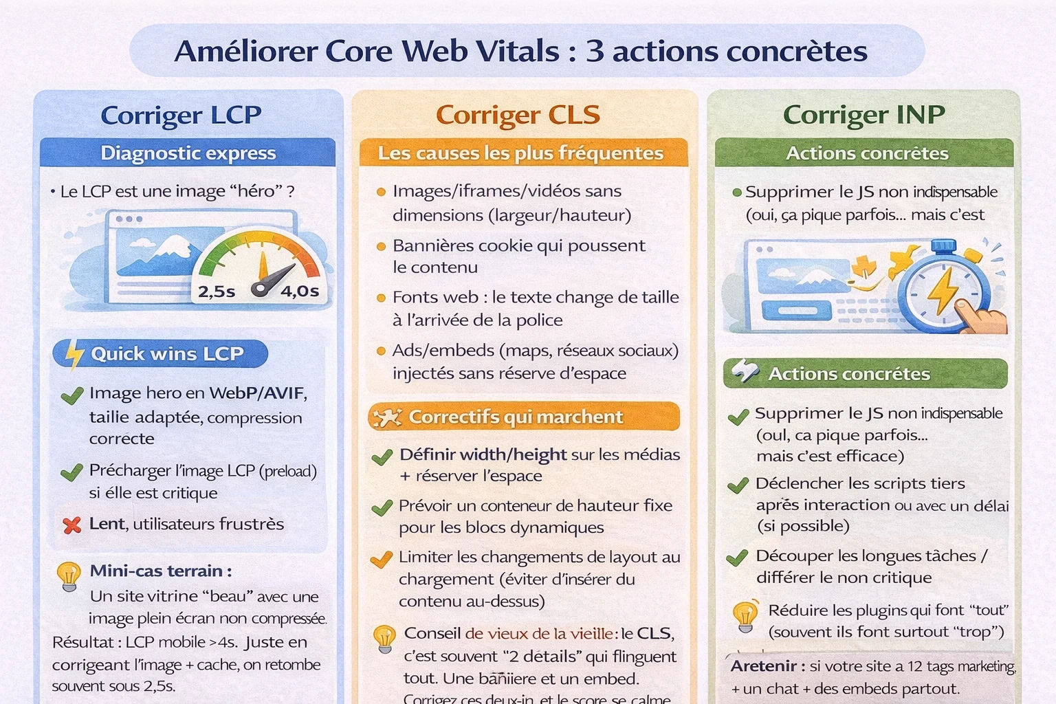 Infographie “Améliorer les Core Web Vitals : 3 actions concrètes” : visuel en 3 colonnes (Corriger LCP, Corriger CLS, Corriger INP) avec pictos et listes d’actions. LCP : diagnostic express (image “hero”), quick wins (WebP/AVIF, preload, cache, différer scripts, limiter polices) + mini-cas terrain. CLS : causes (médias sans dimensions, bannière cookie, fonts, embeds/ads) + correctifs (width/height, réserver l’espace, conteneurs fixes, limiter insertions, font-display). INP : sources de “lag” (trop de JS, scripts tiers, events lourds, long tasks) + actions (supprimer JS inutile, charger tiers après interaction, découper/différer, réduire plugins) + rappel final.